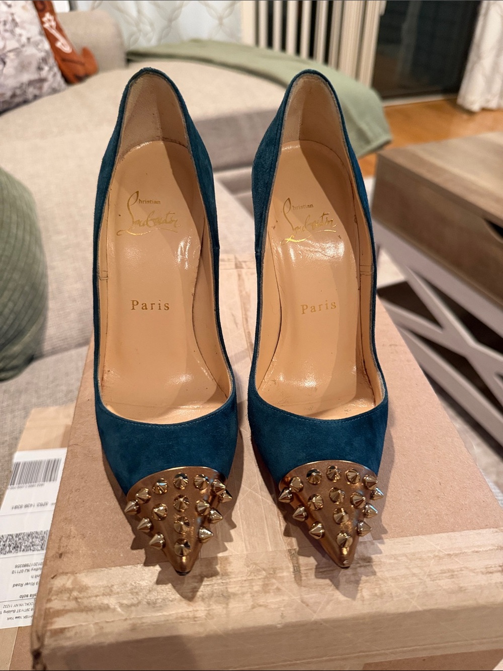 Christian Louboutin Teal Suede Pointed Toe Pumps with Gold Spike Cap